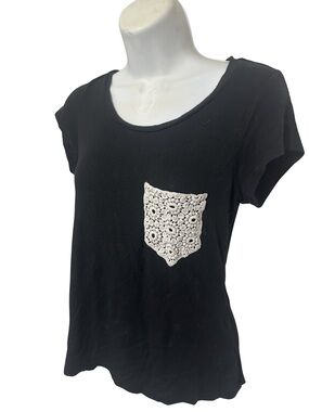 Ocasion Black Crochet Pocket Tee • Boho Casual Top • Size S
